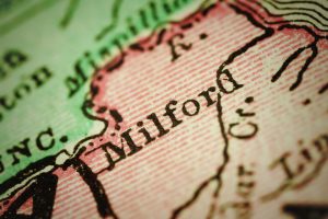 Milford, Delaware on 1880's map. Selective focus and Canon EOS 5D Mark II with MP-E 65mm macro lens.